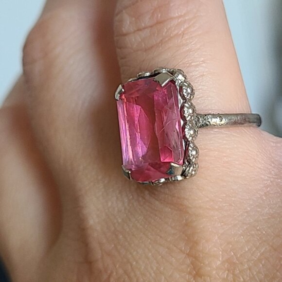 Vintage Boho Antique Sterling Silver Rectangle Pink Topaz Crystal Ring 6 - Picture 6 of 14